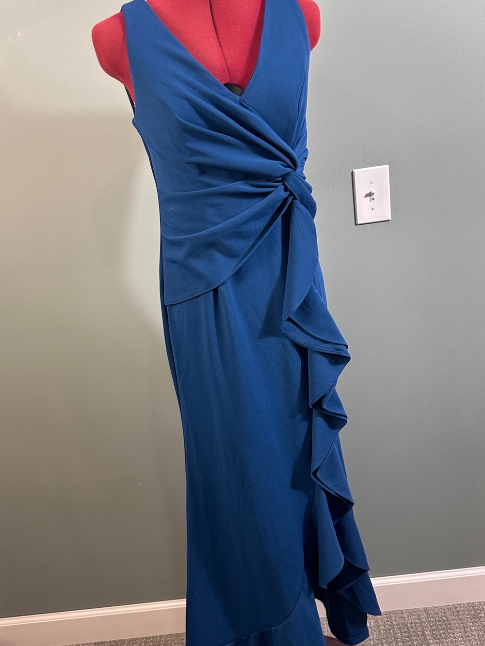 Elegant Blue Ruffle Wrap Dress - Sleeveless Formal Gown